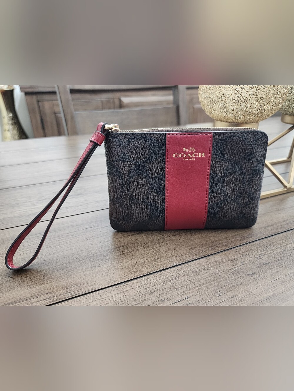 Coach Signature Canvas Wristlet in Brown and Red